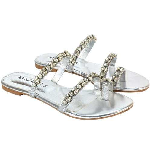 Front - XY London Womens/Ladies Sammie Crystal Sparkly Toe Post Strappy Flat Sandals