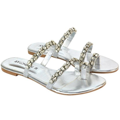 Front - XY London Womens/Ladies Sammie Crystal Sparkly Toe Post Strappy Flat Sandals