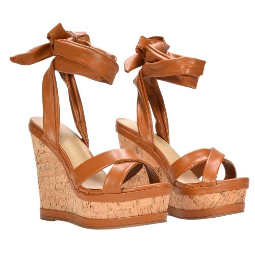 Front - XY London Womens/Ladies Kammie Cork Lace Up Strappy Wedge Sandals