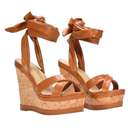 Front - XY London Womens/Ladies Kammie Cork Lace Up Strappy Wedge Sandals