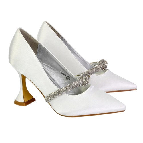 Front - XY London Womens/Ladies Beau Diamante Satin Pointed Mid High Heel Court Pumps