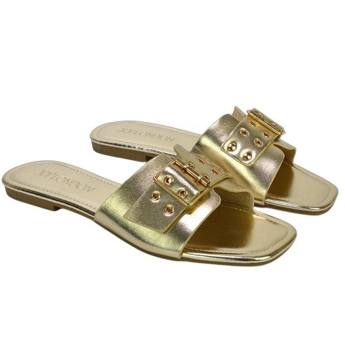 Front - XY London Womens/Ladies Inez Buckle Metallic Square Toe Strappy Flat Sandals