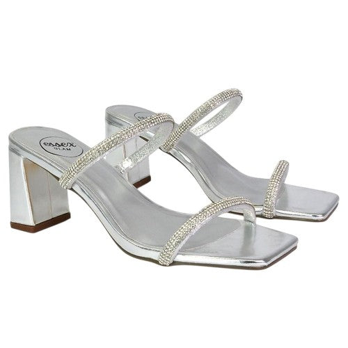 Front - XY London Womens/Ladies Holden Diamante Metallic Medium Block Heel Mule Sandals