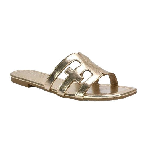 Front - XY London Womens/Ladies Ellie Metallic Cut Out Strap Square Flat Sandals