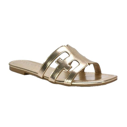 Front - XY London Womens/Ladies Ellie Metallic Cut Out Strap Square Flat Sandals
