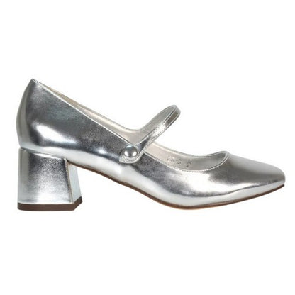 Front - XY London Womens/Ladies Leneka Metallic Ankle Strap Low Block Heel Court Pumps