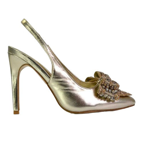 Front - XY London Womens/Ladies Felicity Bow Diamante Sling Back Stiletto Heel Court Shoes