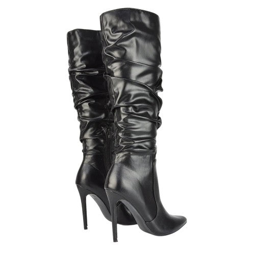 Front - XY London Womens/Ladies Ruched Pointed Stiletto Heel Knee-High Boots