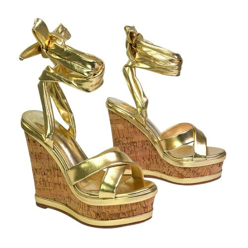 Front - XY London Womens/Ladies Kammie Cork Metallic Wedge Sandals