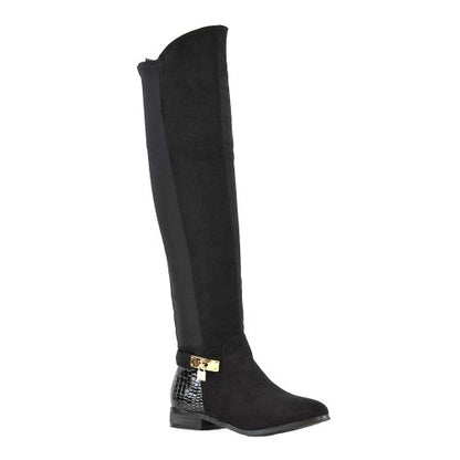 Front - XY London Womens/Ladies Bella Crocodile Print Zip Elasticated Flat Thigh-High Boots