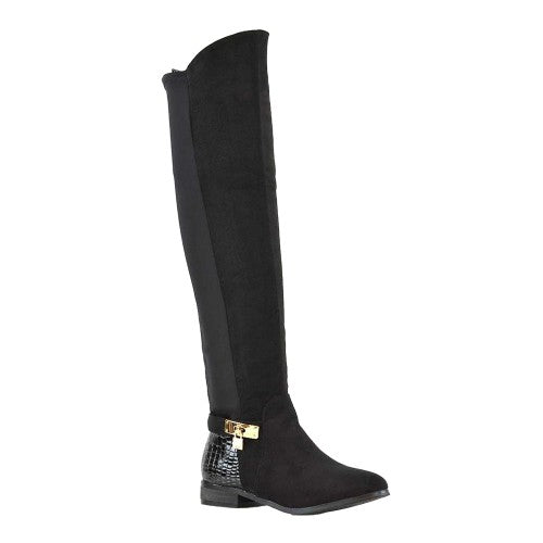 Front - XY London Womens/Ladies Bella Crocodile Print Zip Elasticated Flat Thigh-High Boots