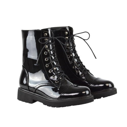 Front - XY London Womens/Ladies Patent Lace Up Military Combat Boots