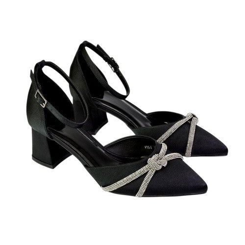 Front - XY London Womens/Ladies Sarah Diamante Pointed Mid Block Heel Court Shoes