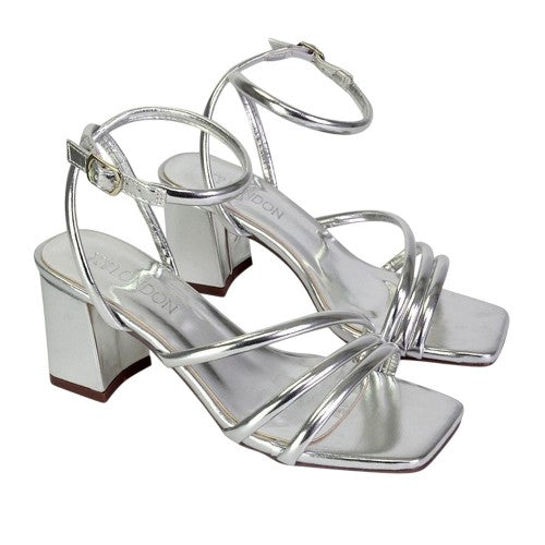 Front - XY London Womens/Ladies Trixie Strappy Metallic Square Toe Buckle Mid Block Heel Sandals