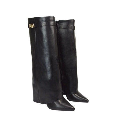 Front - XY London Womens/Ladies Rayna Fold Over Pointed Block Heel Knee-High Boots