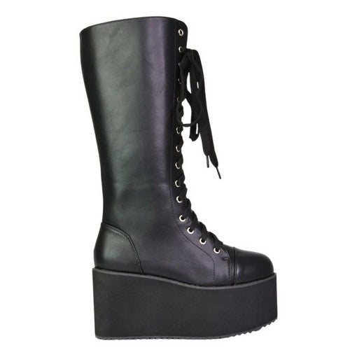Front - XY London Womens/Ladies Liz Calf-Length Lace Up High Flatform Biker Boots