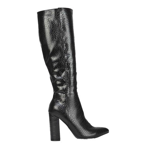 Front - XY London Womens/Ladies Rhode Crocodile Print High Block Heel Knee-High Boots