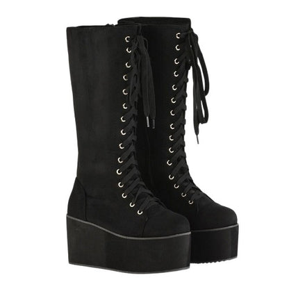 Front - XY London Womens/Ladies Liz Calf-Length Lace Up High Flatform Biker Boots