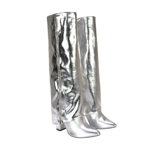 Front - XY London Womens/Ladies Allie Fold Over Metallic Pointed Side Zip Knee-High Boots