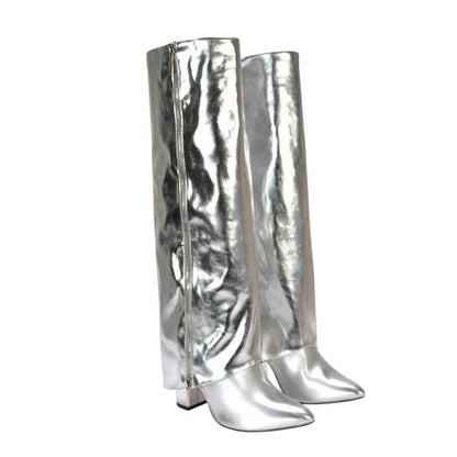 Front - XY London Womens/Ladies Allie Fold Over Metallic Pointed Side Zip Knee-High Boots