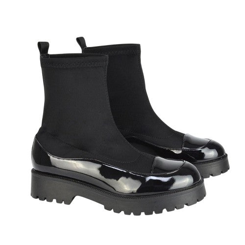 Front - XY London Womens/Ladies Kerry Patent Chunky Flat Biker Boots