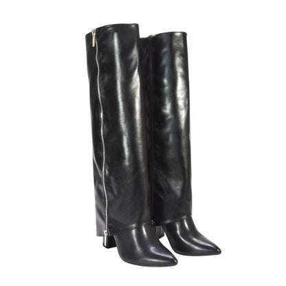 Front - XY London Womens/Ladies Allie Fold Over Pointed Side Zip Knee-High Boots