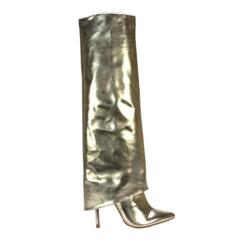 Front - XY London Womens/Ladies Shauna Fold Over Metallic High Stiletto Heel Knee-High Boots