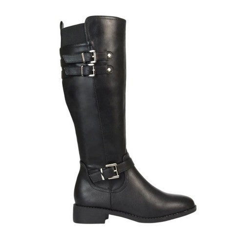 Front - XY London Womens/Ladies Amy Buckle Knee-High Elasticated Flat Biker Boots