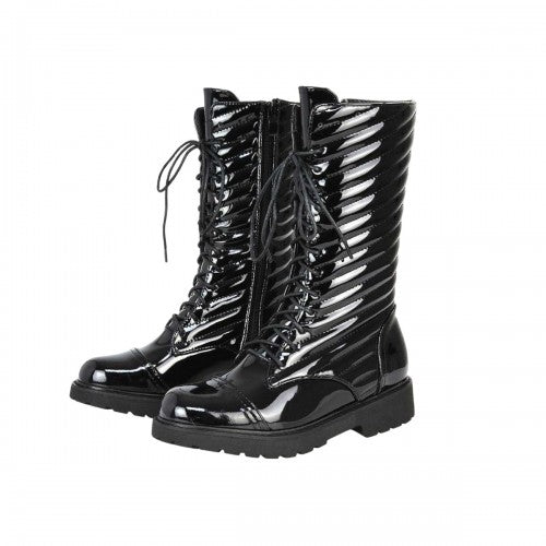 Front - XY London Womens/Ladies Patent Lace Up Padded Flat Combat Boots