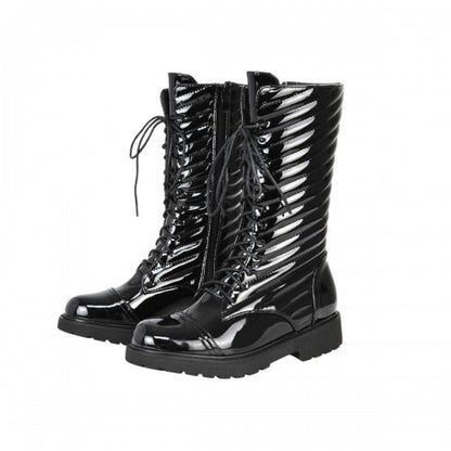 Front - XY London Womens/Ladies Patent Lace Up Padded Flat Combat Boots