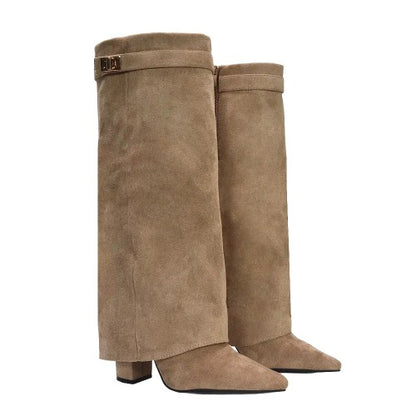 Front - XY London Womens/Ladies Rayna Folded Collar Knee-High Boots
