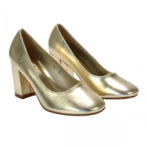 Front - XY London Womens/Ladies Esme Metallic Round Toe Mid Block Heel Court Shoes