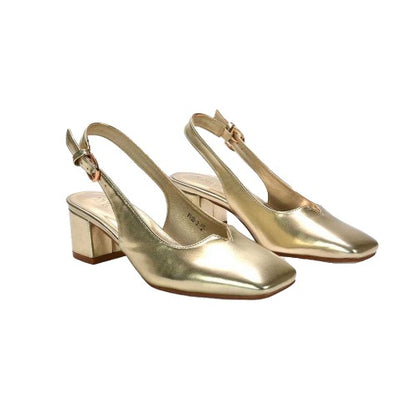 Front - XY London Womens/Ladies Elowen Metallic Sling Back Mid Block Heel Court Shoes