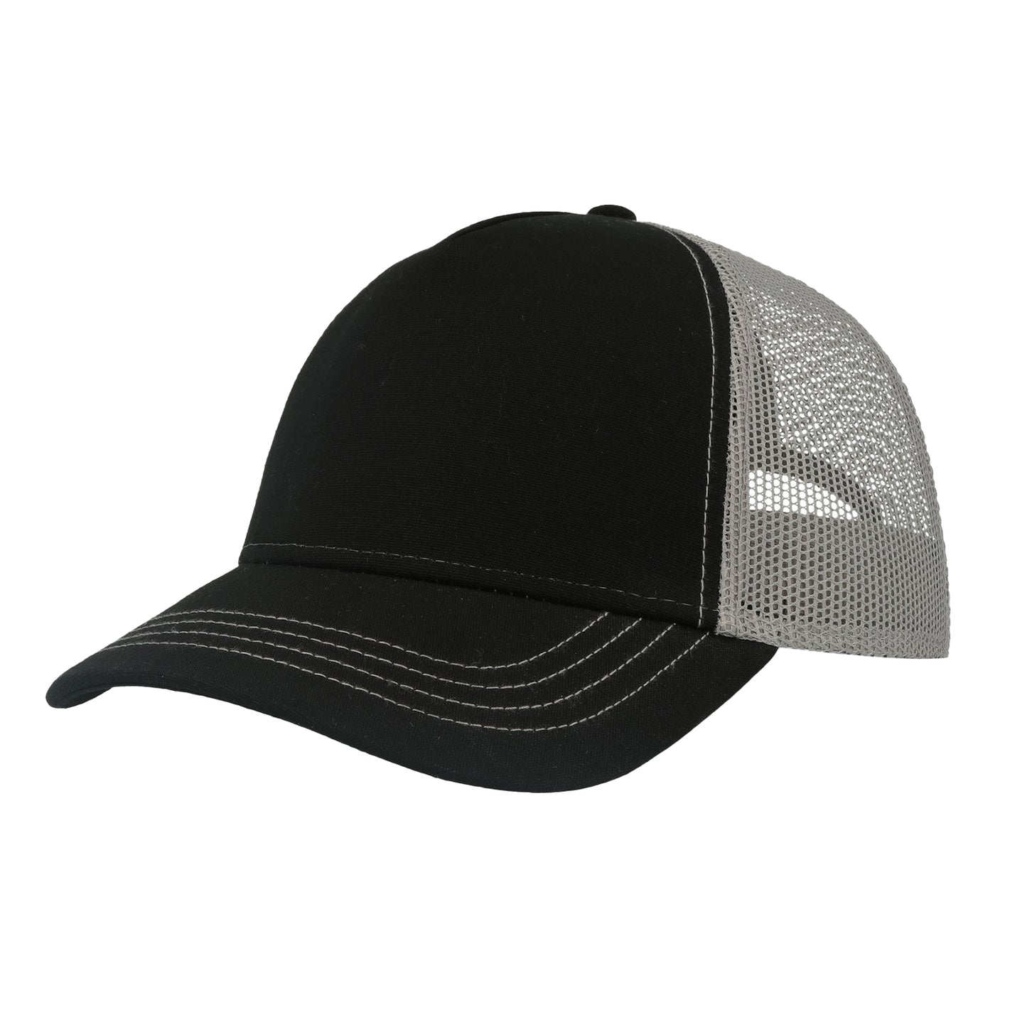 Black-Grey - Side - Atlantis Unisex Adult Rapper 5 Panel Canvas Recycled Trucker Cap