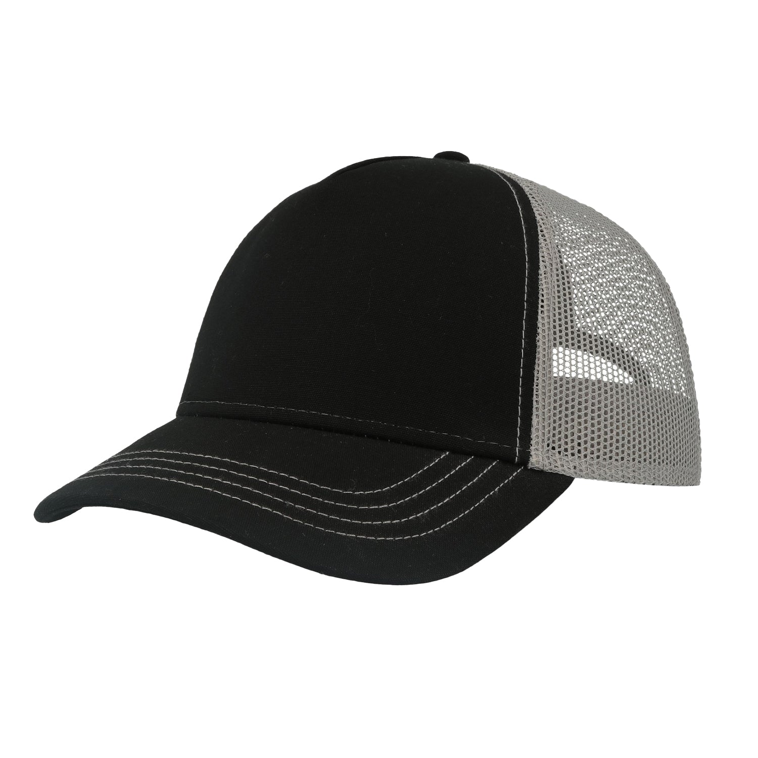 Black-Grey - Side - Atlantis Unisex Adult Rapper 5 Panel Canvas Recycled Trucker Cap