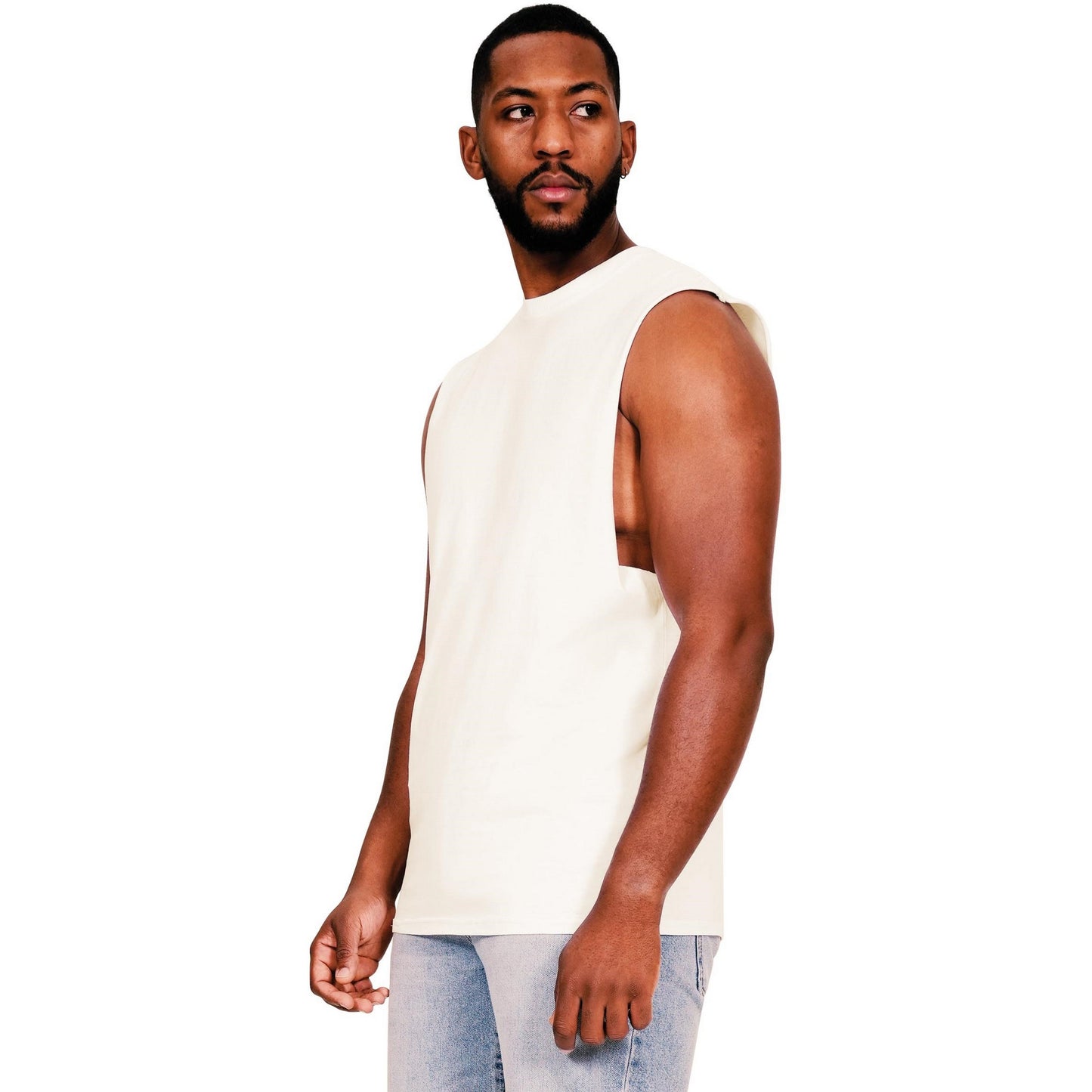 Ecru - Side - Casual Classics Mens Core Ringspun Cotton Raw Edge Tall Tank Top