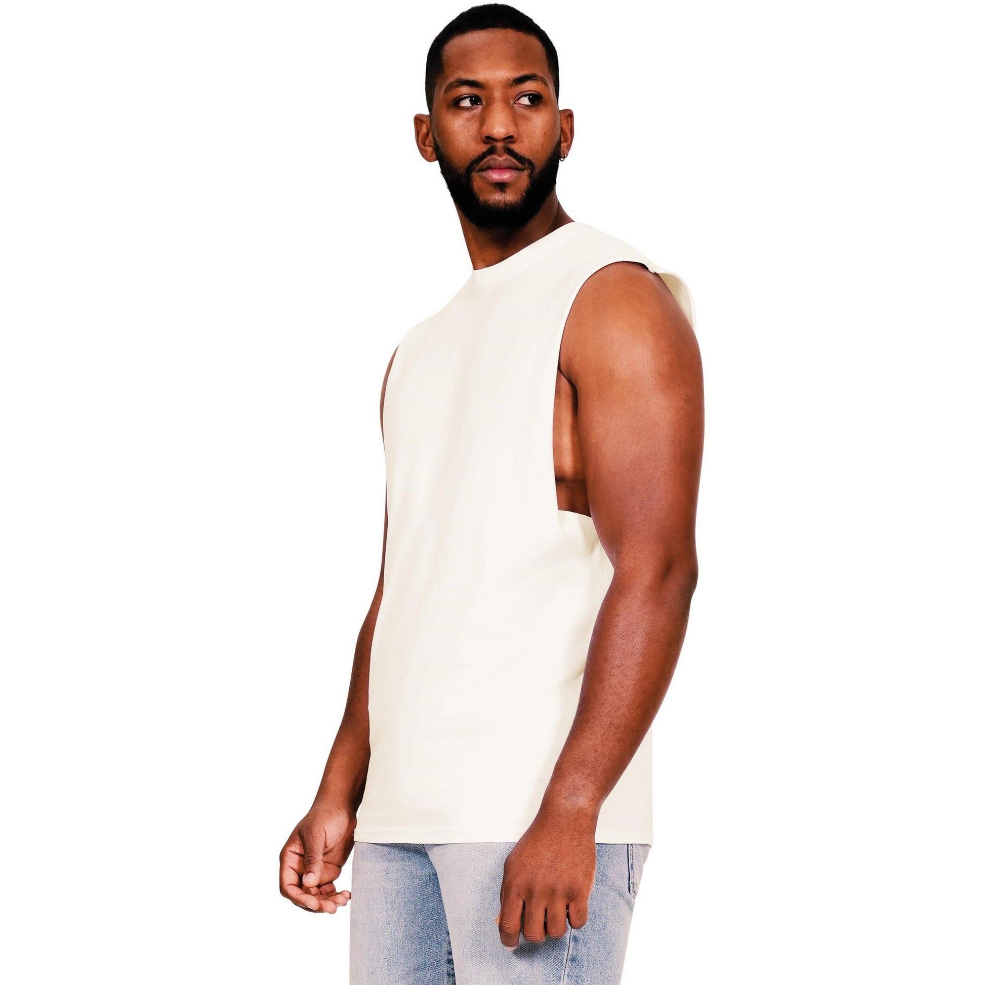 Ecru - Side - Casual Classics Mens Core Ringspun Cotton Raw Edge Tall Tank Top