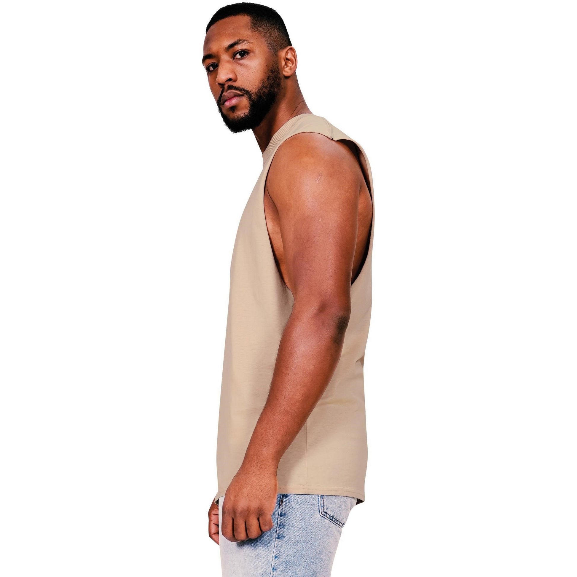 Sand - Side - Casual Classics Mens Core Ringspun Cotton Raw Edge Tall Tank Top