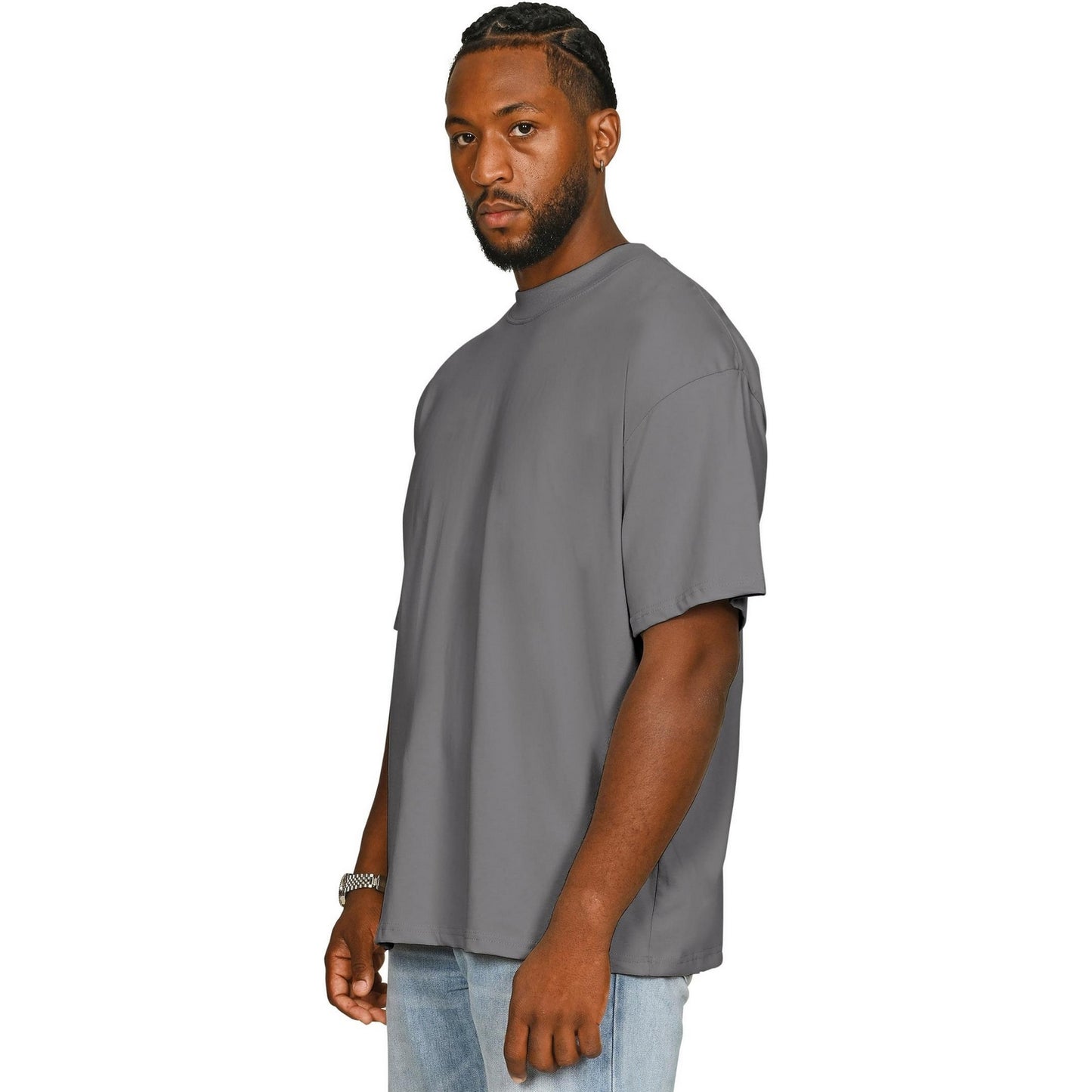 Charcoal - Side - Casual Classics Unisex Adult Combed Ringspun Cotton Extended Neckline Oversized T-Shirt