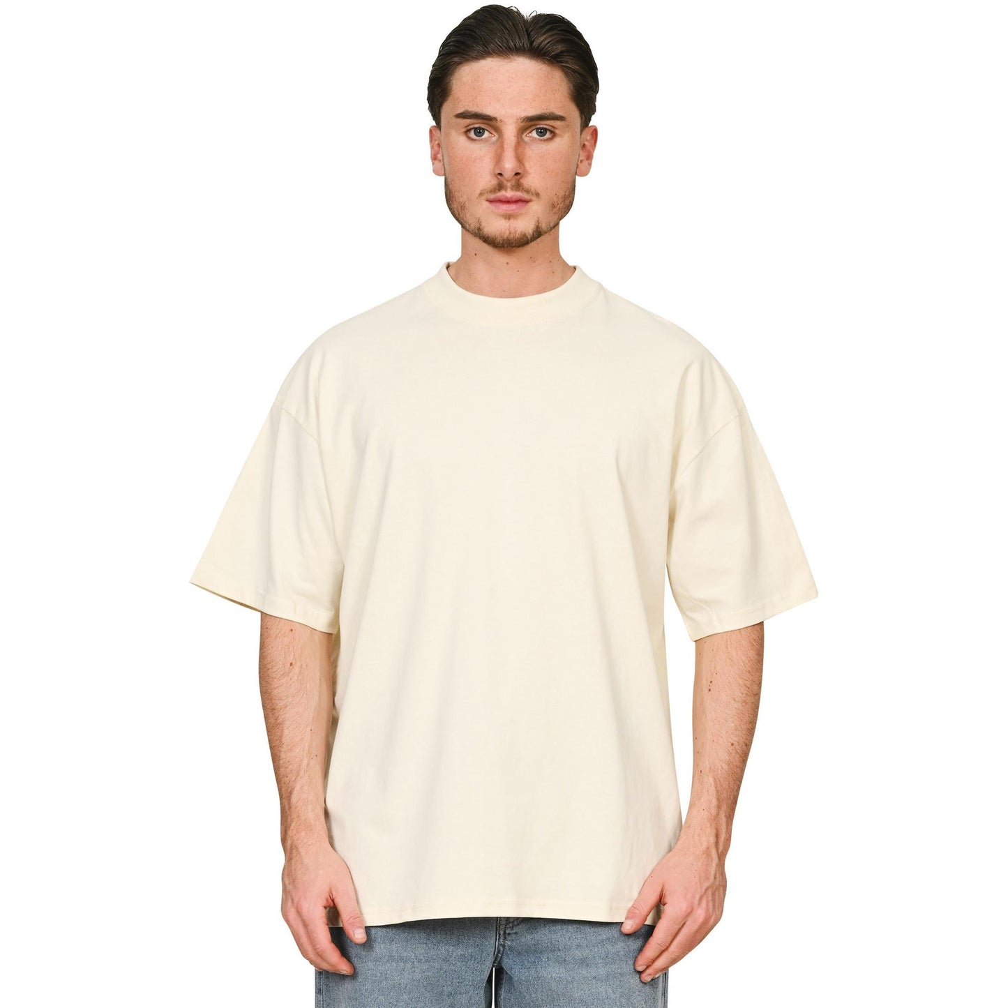 Ecru - Side - Casual Classics Unisex Adult Combed Ringspun Cotton Extended Neckline Oversized T-Shirt