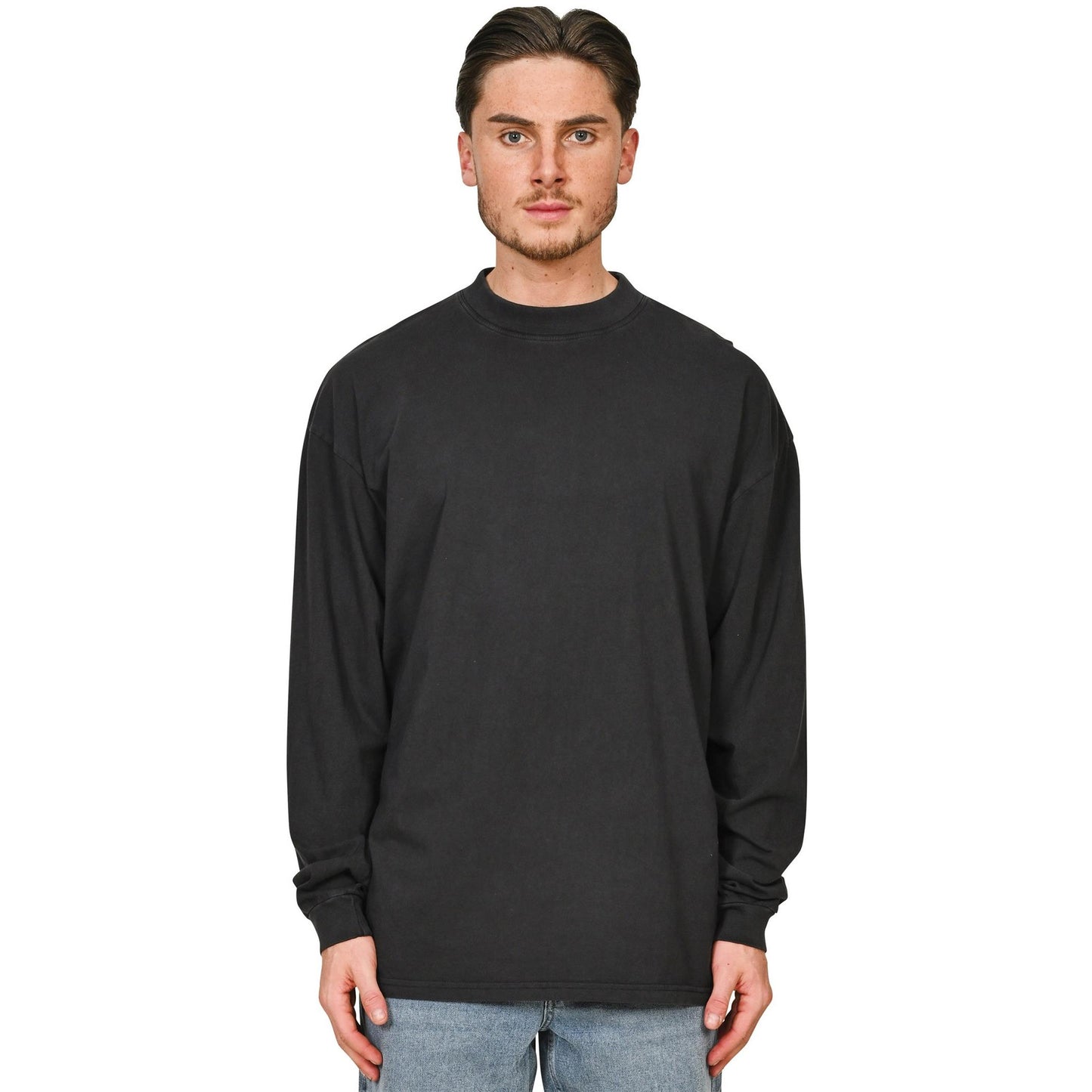 Acid Black - Side - Casual Classics Mens Acid Wash Combed Ringspun Cotton Extended Neckline Tall Oversized Long-Sleeved T-Shirt
