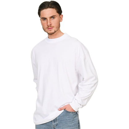 White - Side - Casual Classics Unisex Adult Combed Ringspun Cotton Extended Neckline Oversized Long-Sleeved T-Shirt