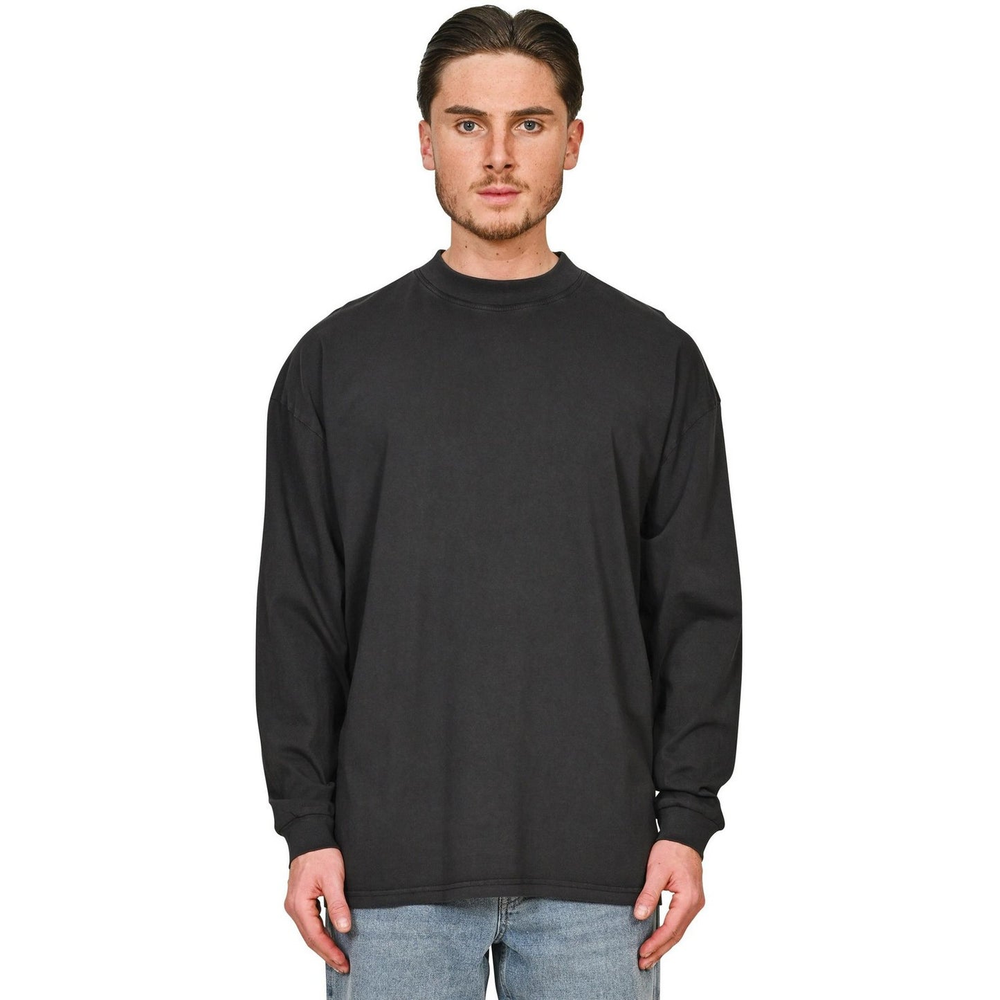 Acid Black - Side - Casual Classics Mens Acid Wash Combed Ringspun Cotton Extended Neckline Oversized Long-Sleeved T-Shirt