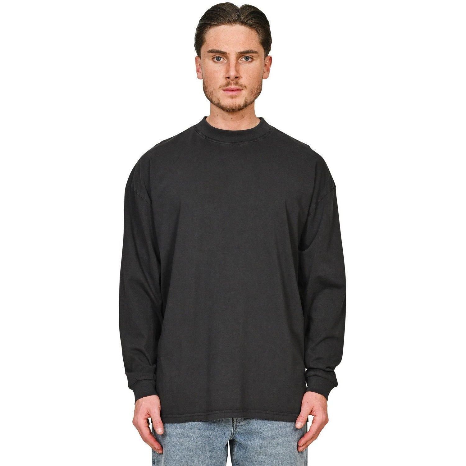 Acid Black - Side - Casual Classics Mens Acid Wash Combed Ringspun Cotton Extended Neckline Oversized Long-Sleeved T-Shirt