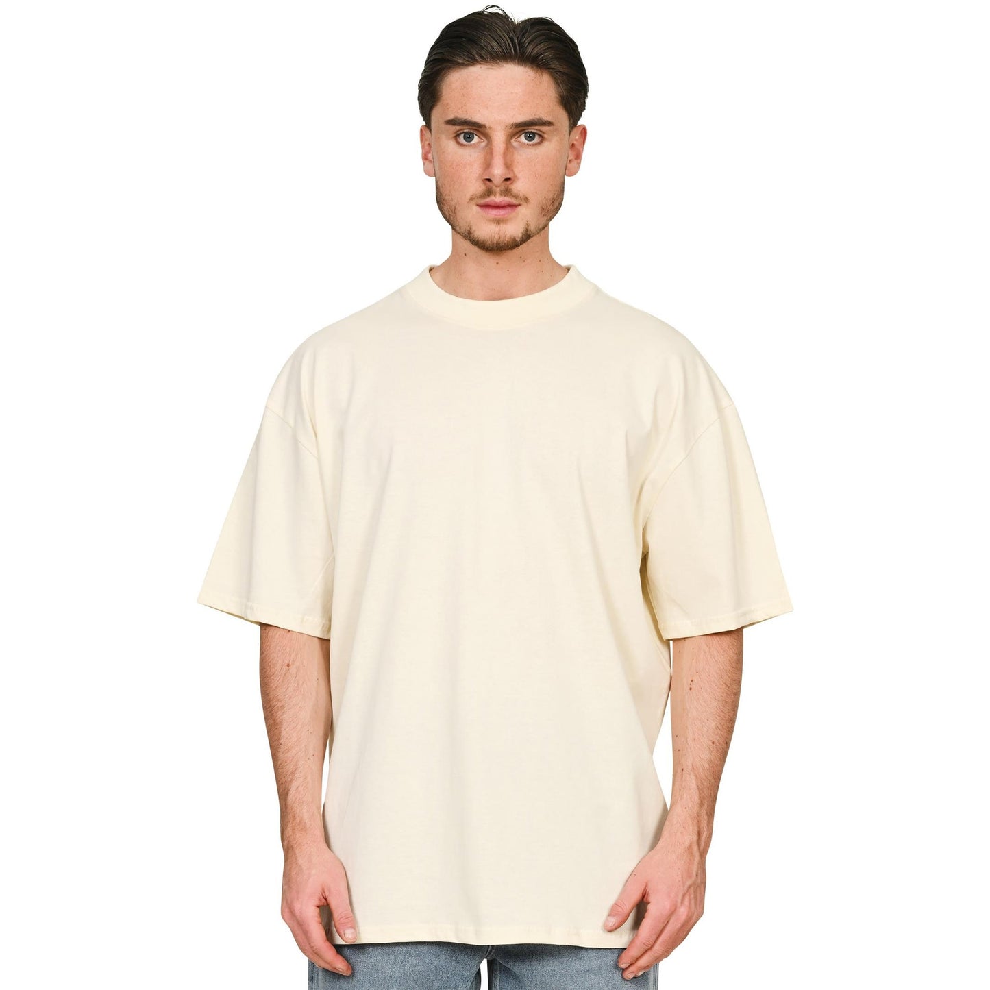 Ecru - Side - Casual Classics Unisex Adult Combed Ringspun Cotton Extended Neckline Tall Oversized T-Shirt