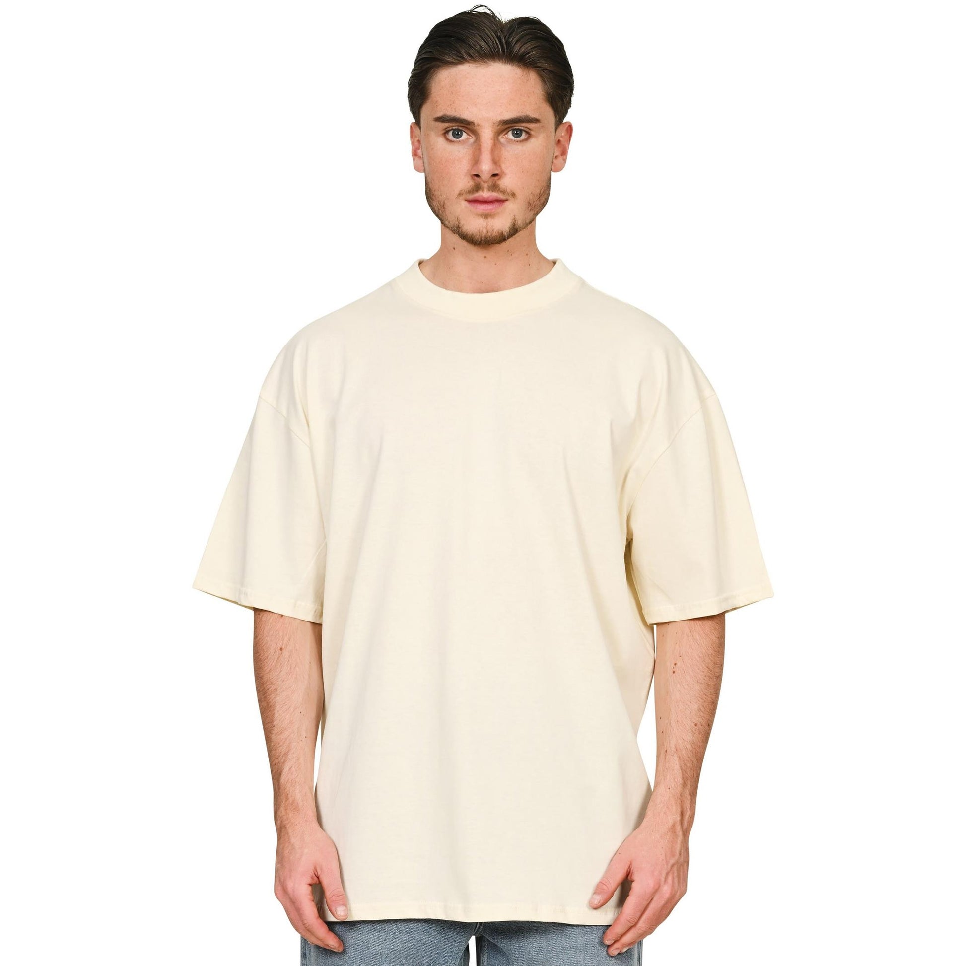 Ecru - Side - Casual Classics Unisex Adult Combed Ringspun Cotton Extended Neckline Tall Oversized T-Shirt
