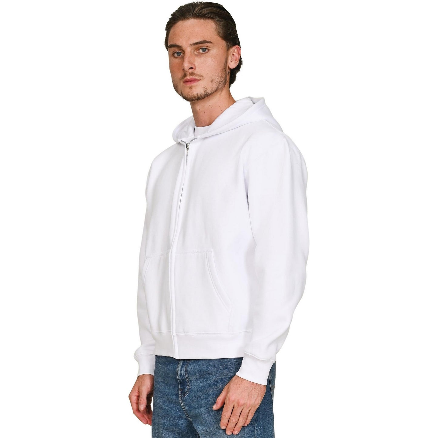 White - Side - Casual Classics Unisex Adult Combed Cotton Oversized Full Zip Hoodie