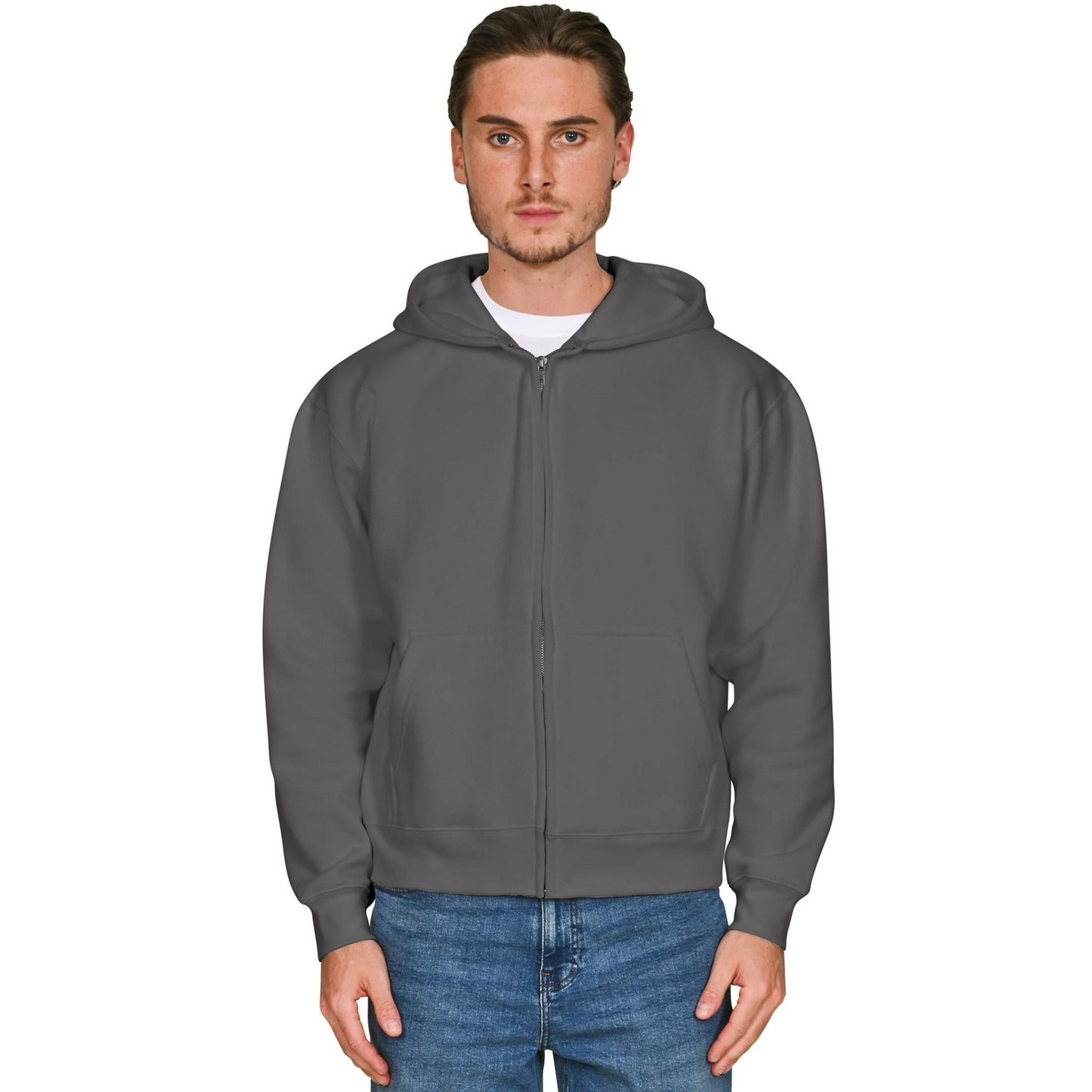 Charcoal - Front - Casual Classics Unisex Adult Combed Cotton Oversized Full Zip Hoodie