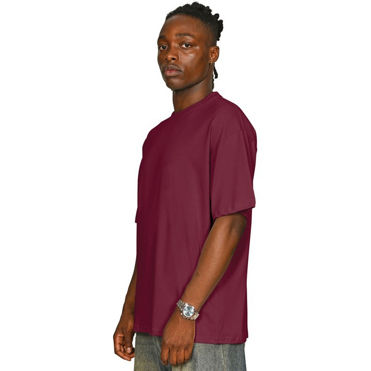 Burgundy - Side - Casual Classics Unisex Adult Combed Ringspun Cotton Oversized T-Shirt