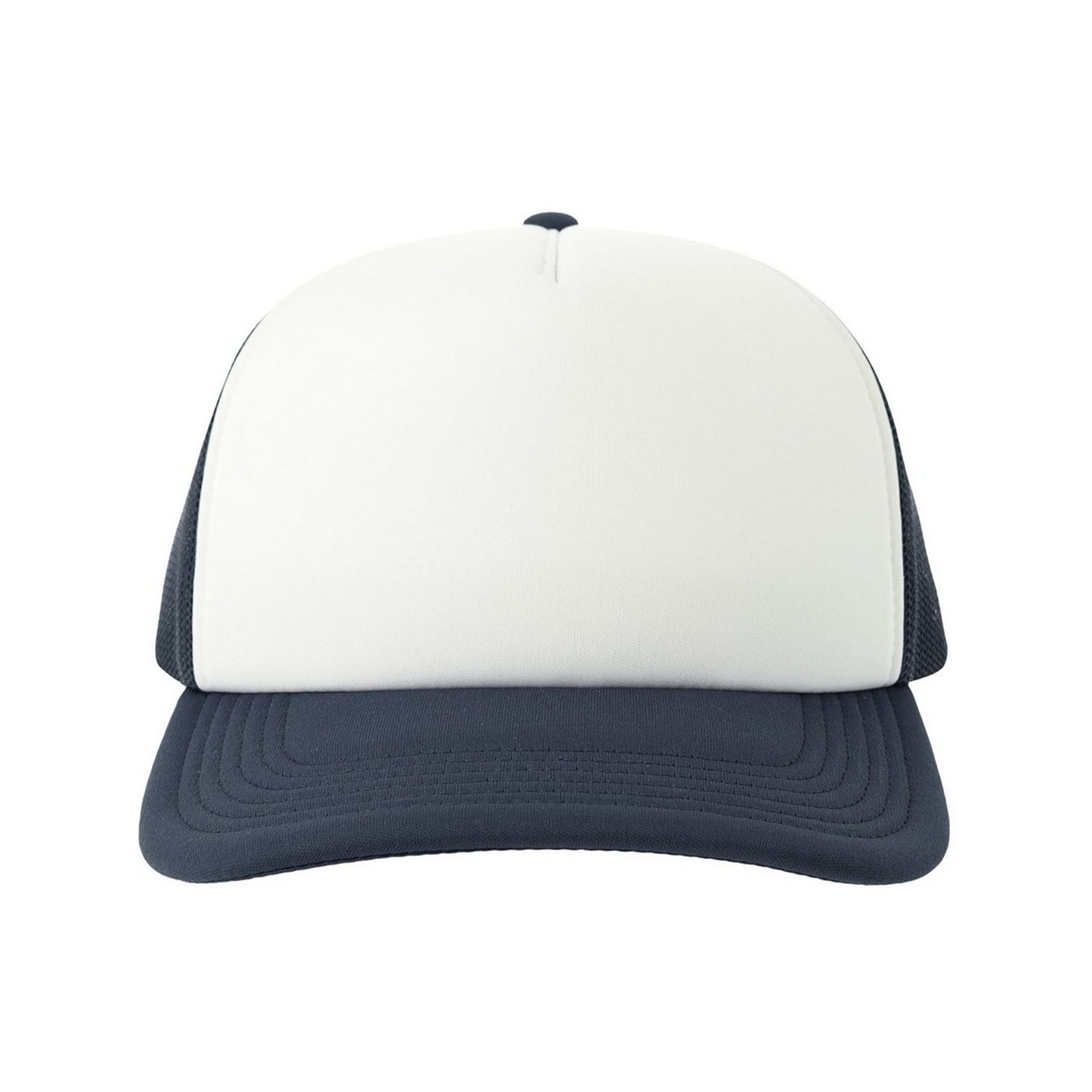 White-Navy - Pack Shot - Atlantis Unisex Adult Rapper-S 5 Panel Recycled Mid Visor Trucker Cap